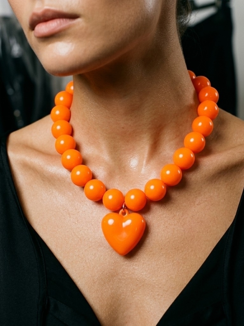 Source Unknown Vibrant Orange Beaded Heart Necklace